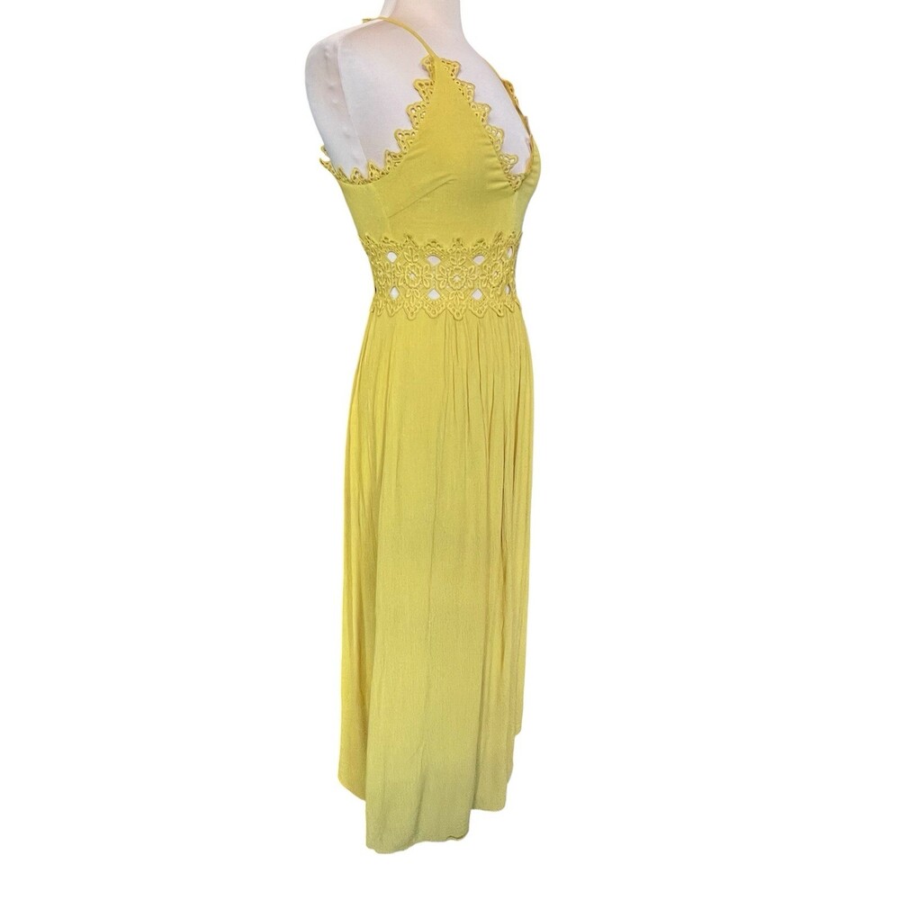 Lulus This is Love Lace Maxi Dress Women's Small Yellow Crochet Trim Deep V Neck - Picture 9 of 12